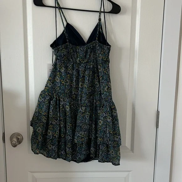 JAPNA Blue Floral Drop Waist Ruffle Hem Mini Sleeveless Boho Dress Sz Small - Picture 4 of 9